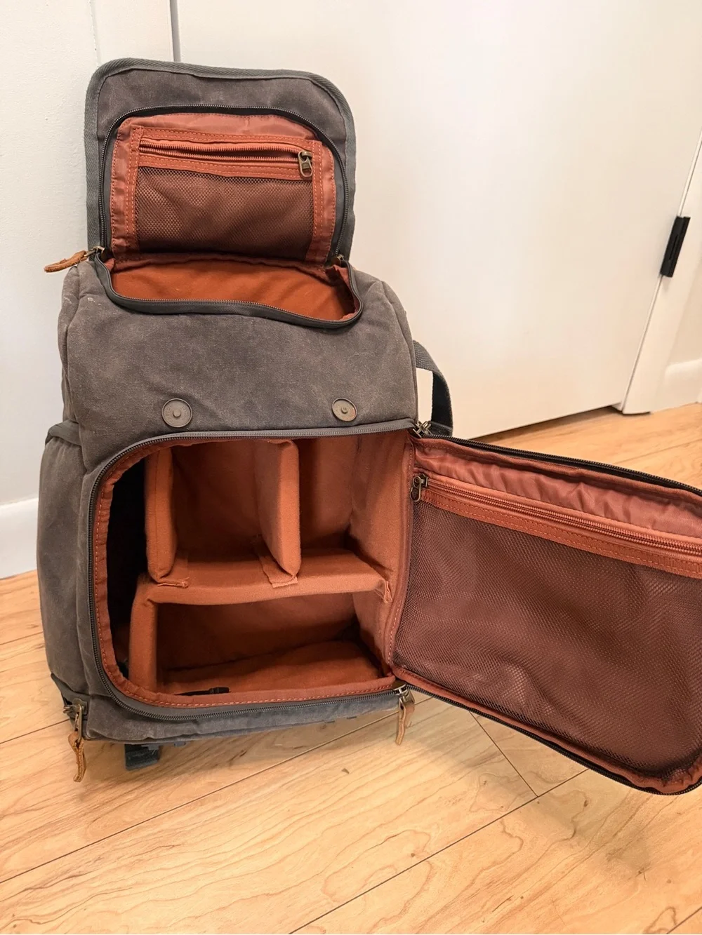 Canvas Camera Backpack for Men - Gray with Tan Accents